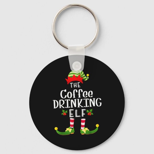 Coffee Drinking Christmas Elf Matching Pajama X-ma Key Ring (Front)