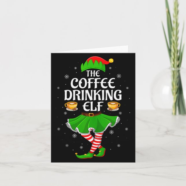 Coffee Drinking Elf Christmas Girls Women Elf Squa Card (Front)