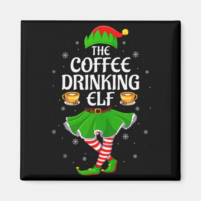 Coffee Drinking Elf Christmas Girls Women Elf Squa Magnet (Front)