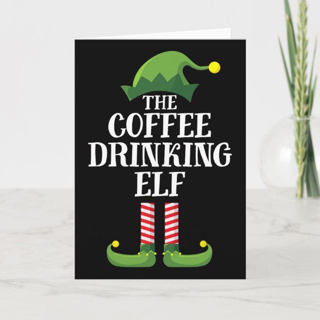 Coffee Drinking Elf Matching Family Group Christma Card (Front)