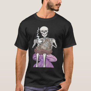 Coffee Drinking Skeleton Hugging lazy Cat Hallowee T-Shirt