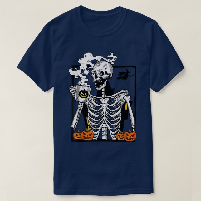Coffee Drinking Skeleton Lazy DIY Halloween Costum T-Shirt (Design Front)