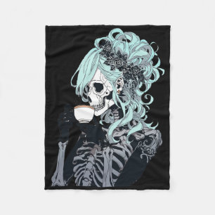 Coffee Drinking Skeleton Messy Bun Halloween Costu Fleece Blanket