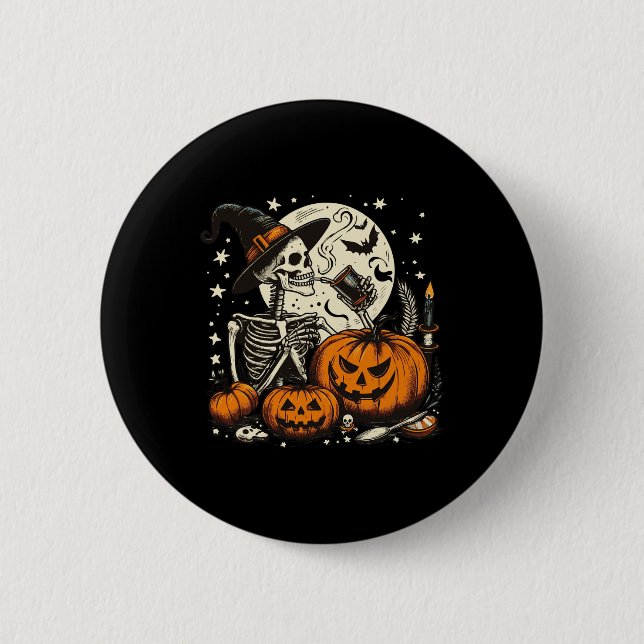 Coffee Drinking Skeleton Pumpkin Halloween Costume 6 Cm Round Badge (Front)