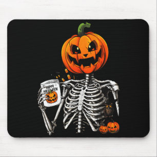 Coffee Drinking Skeleton Pumpkin Halloween Costume Mouse Pad
