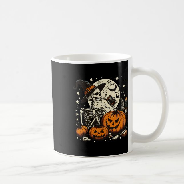 Coffee Drinking Skeleton Pumpkin Halloween Costume Mug (Right)