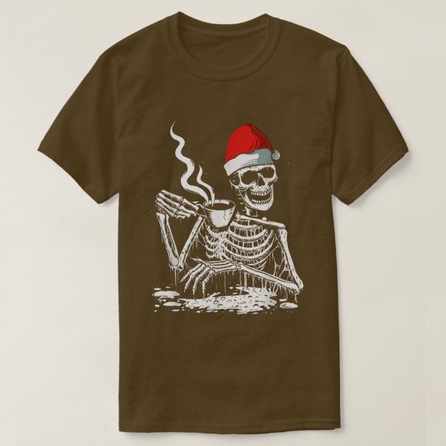 Coffee Drinking Skeleton Santa Christmas Funny XMa T-Shirt (Design Front)