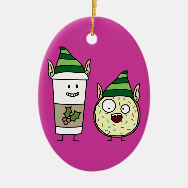 Coffee Elf  and Crazy Doughnut Elf Ceramic Tree Decoration (Front)