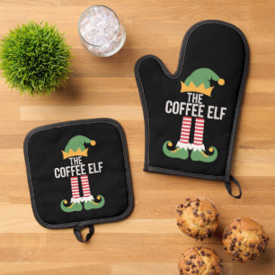Coffee Elf Family Matching Group Christmas Oven Mitt & Pot Holder Set