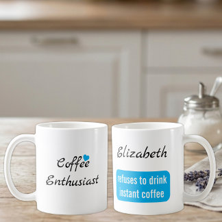 Coffee enthusiast custom name white and blue mug