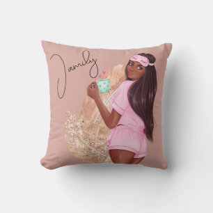 Coffee Faux Glitter Girl Hair Brown Rose Pink Cushion