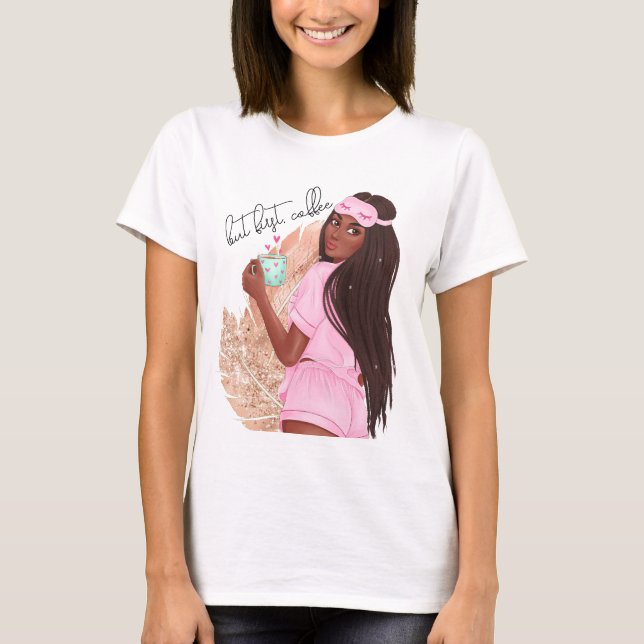 Coffee Faux Glitter Girl Hair Rose Gold Pink   T-Shirt (Front)