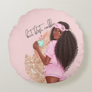 Coffee Faux Glitter Girl Hair Rose Pink Round Cushion
