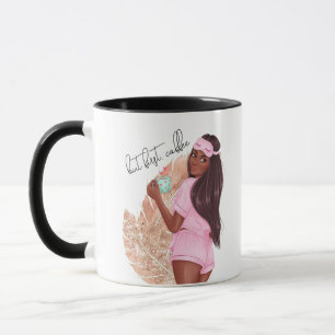 Coffee Faux Glitter Girl Red Hair Brown Pink Mug