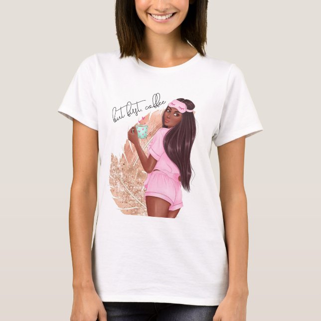 Coffee Faux Glitter Girl Red Hair Brown Pink  T-Shirt (Front)