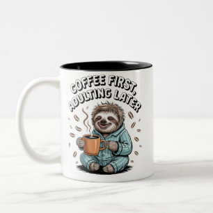 Coffee First, Adulting Later - Lazy Sloth Two-Tone Coffee Mug