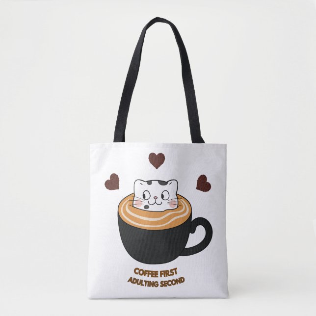 Coffee First Adulting Second Cute Cat Tote Bag (Front)