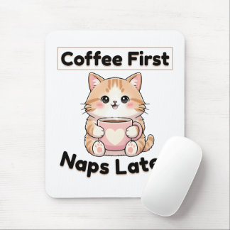 Coffee First Naps Later Cute Cat | Kawaii Coffee  Mouse Pad