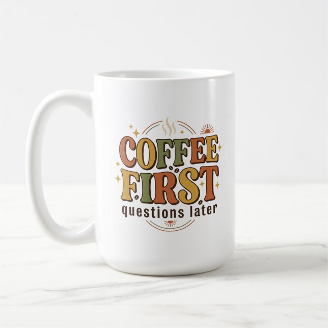 Coffee First Questions Later Retro Name Mug (Left)