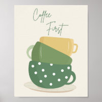 Coffee First Retro Boho Mugs Wall Art Print