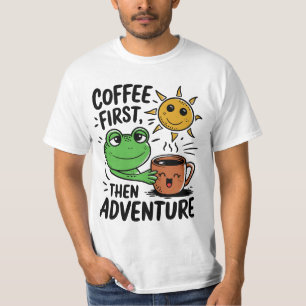 Coffee First Then Adventure – Cute Frog Morning T-Shirt