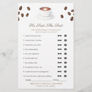 Coffee He Said She Said Bridal Shower Game Card