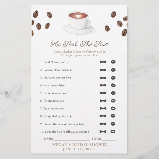 Coffee He Said She Said Bridal Shower Game Card (Front)