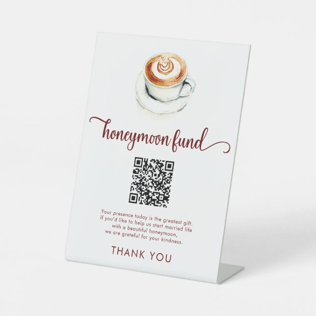 Coffee Honeymoon Fund QR Code Bridal Shower Pedestal Sign (Front)