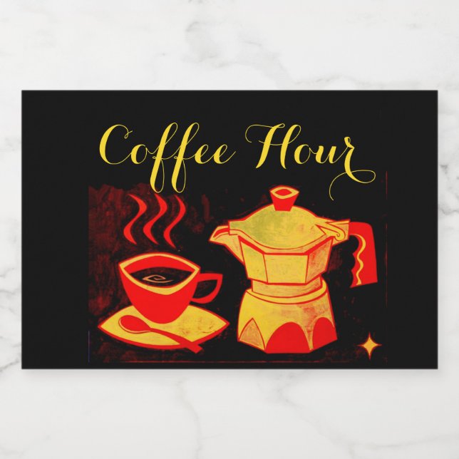 COFFEE HOUR /Red Yellow Coffee Cup And Coffeepot Food Label (Single Label)