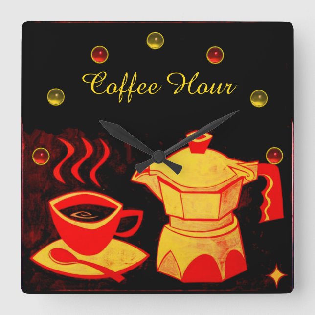 COFFEE HOUR /Red Yellow Coffee cup and coffeepot Square Wall Clock (Front)