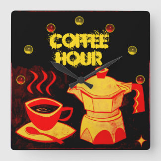 COFFEE HOUR /Red Yellow Coffee cup and coffeepot Square Wall Clock