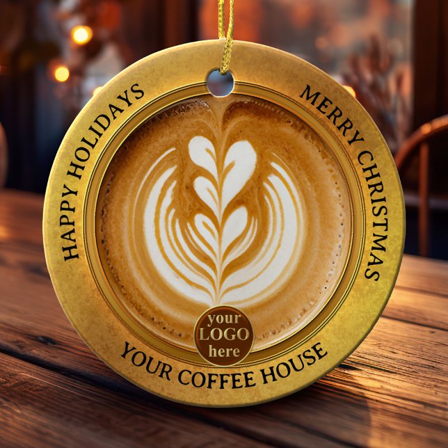 Coffee House Logo Christmas  Ceramic Tree Decoration (Christmas ornament featuring a cappuccino in an elegant gold styled design with your custom logo)