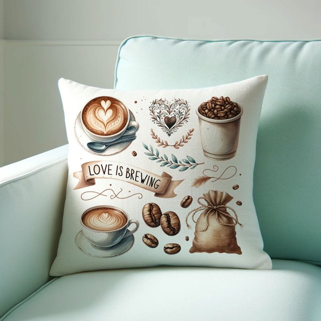 Coffee House Themed Throw Pillows (Love is brewing coffee lover bridal shower decor or gift with illustrated coffee-house art)
