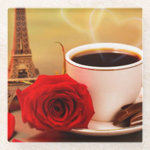 Coffee in Paris with Red Rose Glass Coaster