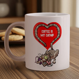 Coffee Is My Catnip Funny Obsessed Cat Cartoon Large Coffee Mug