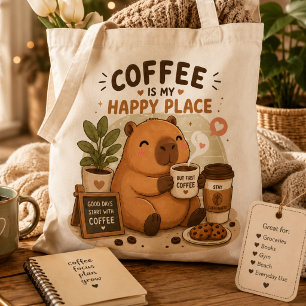 Coffee Is My Happy Place Cute Capybara Coffee Love Tote Bag