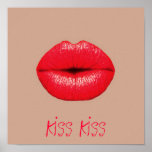 Coffee kiss kiss red lips pop art poster<br><div class="desc">A pop Art image of bright red  crimson lips puckering up for a kiss against a coffee colored background. This design is inspired by pop art,  modern art,  graphic art,  hipster culture and is sure to be a statement piece in your home.</div>