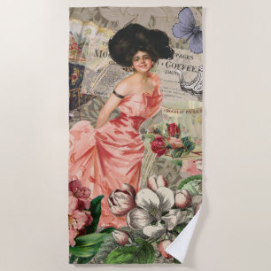 Coffee Lady Victorian Woman Pink Classy Beach Towel