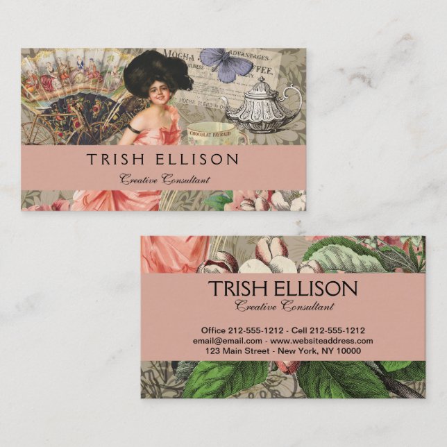 Coffee Lady Victorian Woman Pink Classy Business Card (Front/Back)