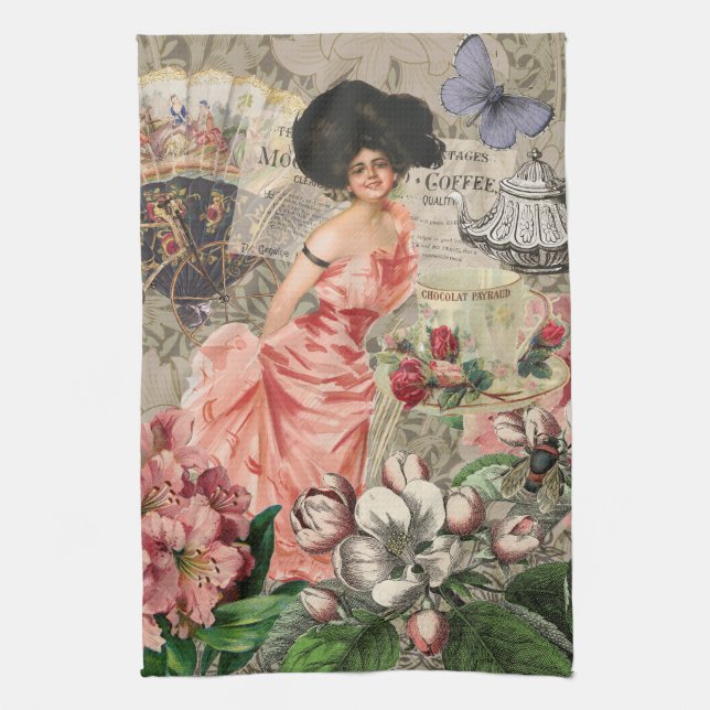 Coffee Lady Victorian Woman Pink Classy Tea Towel (Vertical)