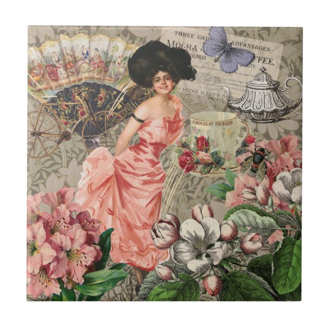 Coffee Lady Victorian Woman Pink Classy Tile (Front)