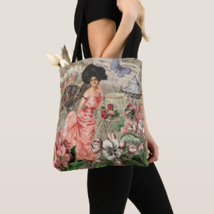 Coffee Lady Victorian Woman Pink Classy Tote Bag