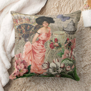 Coffee Lady Victorian Woman Pink Rich Gown Cushion