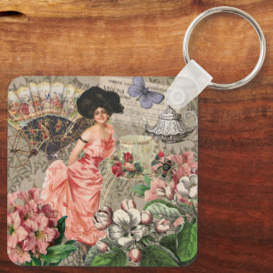 Coffee Lady Victorian Woman Pink Rich Gown Key Ring