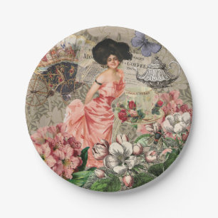 Coffee Lady Victorian Woman Pink Rich Gown Paper Plate