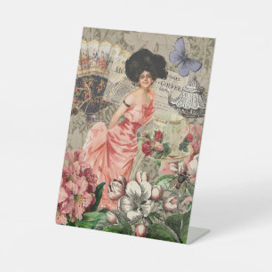 Coffee Lady Victorian Woman Pink Rich Gown Pedestal Sign