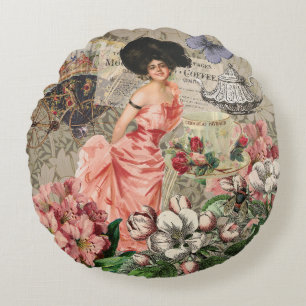 Coffee Lady Victorian Woman Pink Rich Gown Round Cushion