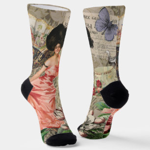 Coffee Lady Victorian Woman Pink Rich Gown Socks
