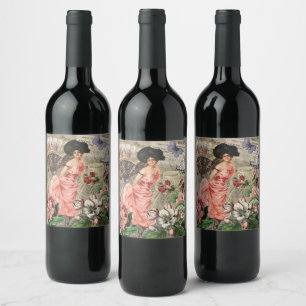 Coffee Lady Victorian Woman Pink Rich Gown Wine Label