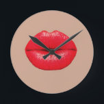 Coffee Lips kiss kiss pop art Round Clock<br><div class="desc">A pop Art image of bright red  crimson lips puckering up for a kiss against a coffee coloured background. This design is inspired by pop art,  modern art,  graphic art,  hipster culture and is sure to be a statement piece.</div>